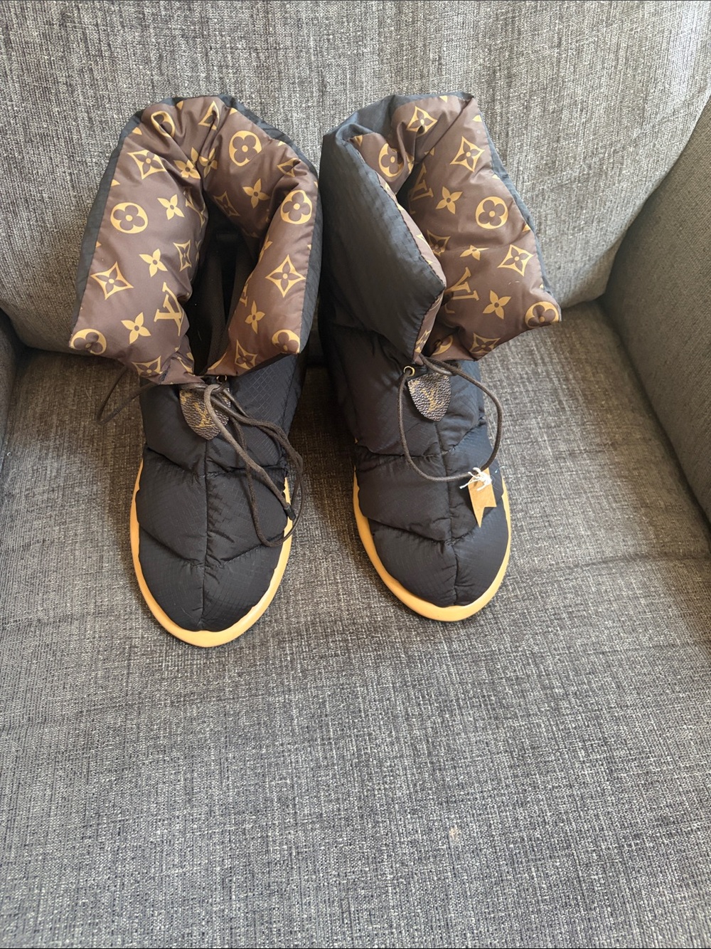 Louis Vuitton Black Quilted Winter Boots with Brown Monogram Cuff